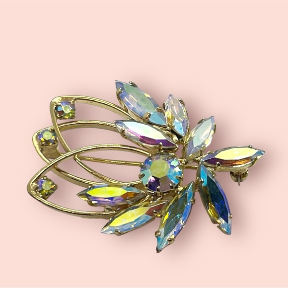 Vintage Crystal Brooch & Earrings Set Aurora Borealis + Gift Box - Picture 2 of 10